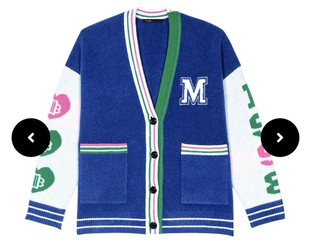 Maje Varsity Logo-Appliqué Cardigan Wool Blend Blue Size  FR 2 (US M)